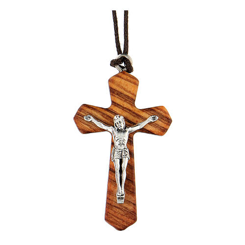 Olive wood cross pendant with metal body of Christ 4 cm 1