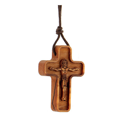 Small cross pendant with embossed body of Christ, olivewood, 4 cm 2