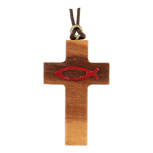 Kreuz-Anhänger aus Olivenbaumholz mit rotem Fisch 1