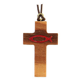 Olive wood cross pendant with red fish