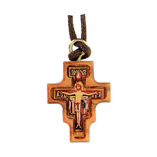 Pendente croce legno olivo San Damiano resina 2 cm 1