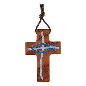 Kreuz aus Olivenbaumholz mit blauem Fisch und brauner Kordel, 4 cm