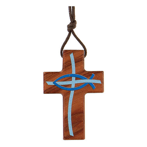 Kreuz aus Olivenbaumholz mit blauem Fisch und brauner Kordel, 4 cm 1