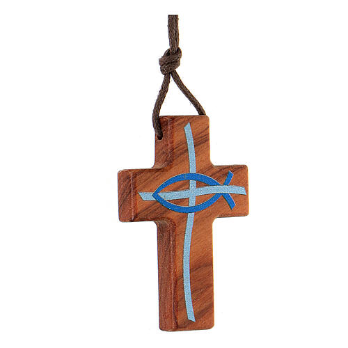Kreuz aus Olivenbaumholz mit blauem Fisch und brauner Kordel, 4 cm 2