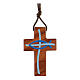 Brown rope necklace with 4 cm olivewood cross, blue fish s1