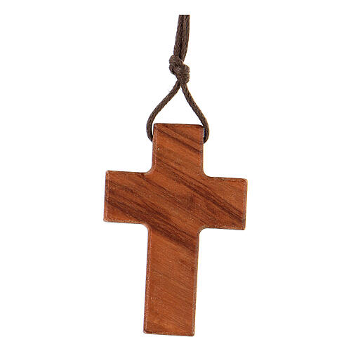 Cross with blue fish in olive wood 4 cm brown cord 3