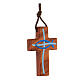 Cross with blue fish in olive wood 4 cm brown cord s2