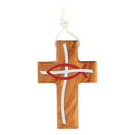 Kreuz aus Olivenbaumholz mit Fisch und weißer Kordel, 4 cm