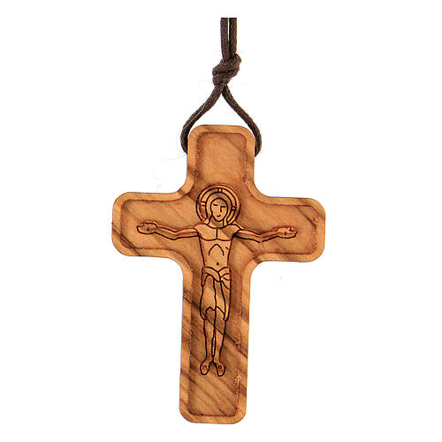 Kreuz aus Olivenbaumholz mit reliefartigem Christus, 5 x 3 cm 1