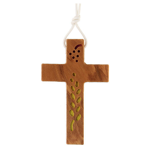 Kreuz aus Olivenbaumholz mit Ähre und Weintraube, 8 x 5 cm 1