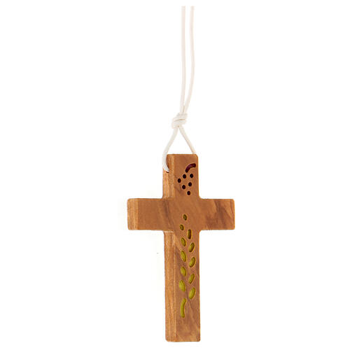 Kreuz aus Olivenbaumholz mit Ähre und Weintraube, 8 x 5 cm 2