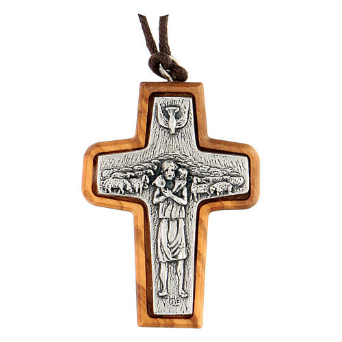 Pendentif croix du Bon Pasteur 5x3 cm bois d'olivier 1