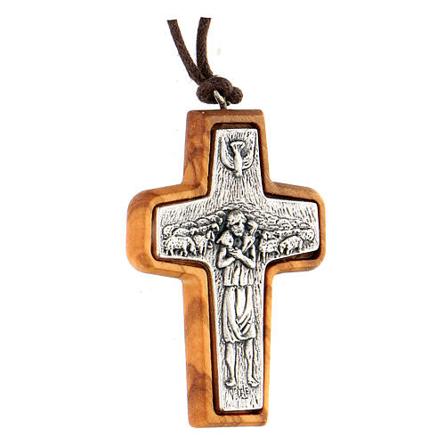 Pendentif croix du Bon Pasteur 5x3 cm bois d'olivier 2