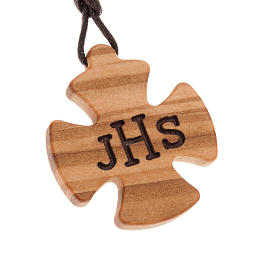 Croix bois d'olivier JHS gravé