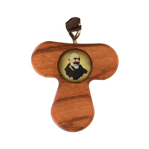Tau pendant in olive wood with Padre Pio 1