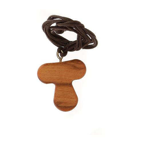 Tau pendant in olive wood with Padre Pio 2