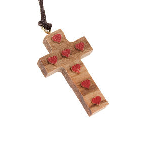 Cross pendant in olive wood with red hearts