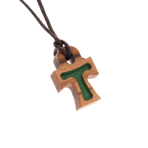 Tau cross pendant in green olive wood 1