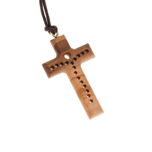 Cross pendant in olive wood and holes 1