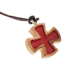 Maltese cross in olive wood with carving, red