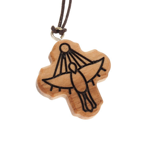 Cross pendant in olive wood with Holy Spirit carving 1
