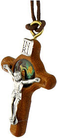 Cross pendant in olive wood with sacred images.