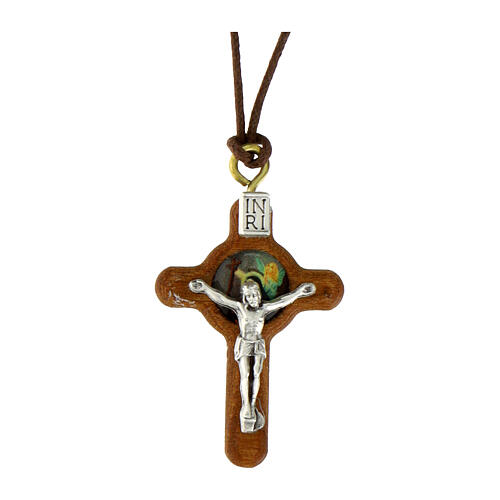 Cross pendant in olive wood with sacred images. 1