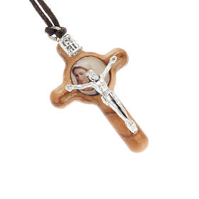 Cross pendant in olive wood with sacred images.