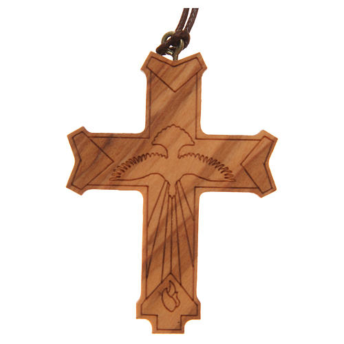 STOCK krzyż wyprofilowany drewno oliwkowe Duch święty ze sznurkiem 6 X 4,5cm 1