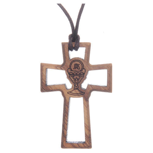 Kreuz aus Olivenbaumholz durchbrochen gearbeitet mit Kelchmotiv 5 cm 1