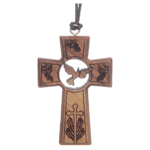 Olive wood cross with Communion and Confirmation symbols 5 cm 1