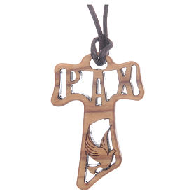 Tau cross in drilled olive wood with Confirmation symbols 4 cm