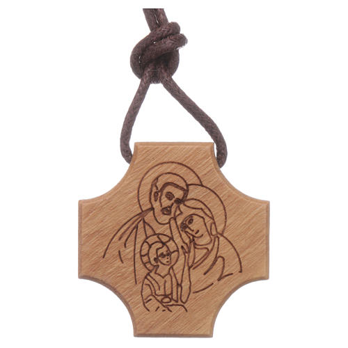 STOCK pendant olive wood cross with Holy Family incision 1
