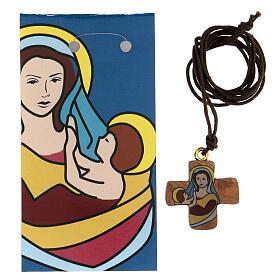 Olive wood cross necklace with Mary and Child 3 cm