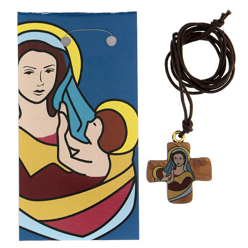 Olive wood cross necklace with Mary and Child 3 cm 2
