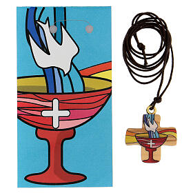Kreuzanhänger, Symbole der Taufe, Olivenholz, 3 cm