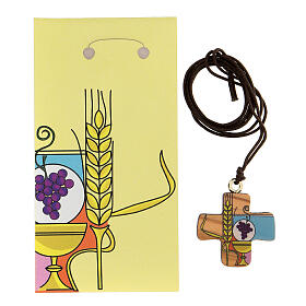Kreuzanhänger, Symbole der Erstkommunion, Olivenholz, 3 cm
