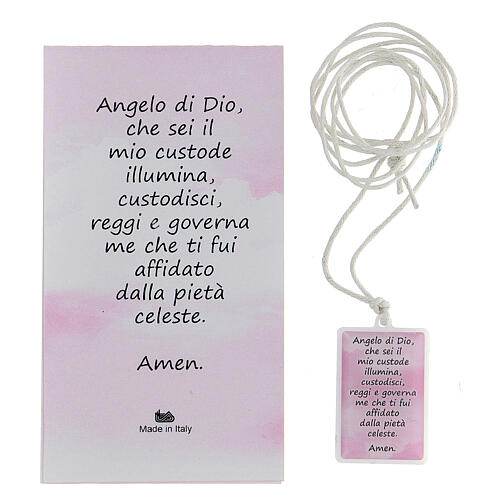 Wisiorek pleksiglas 3 cm, tło różowe, modlitwa Aniele Boży j. włoski 3