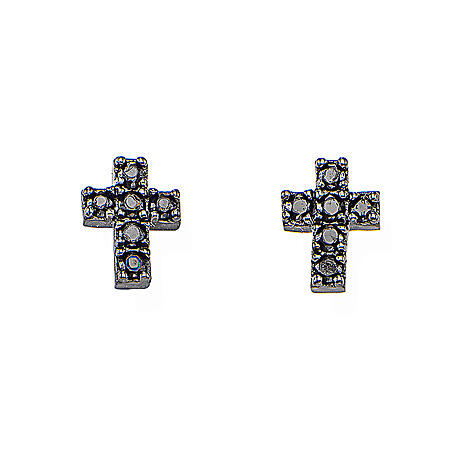 Amen stud earrings with cross, 925 silver and black zircons 1