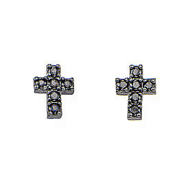 Stud cross earrings Amen silver crucifix black zirconia