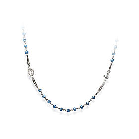 Amen necklace with light blue beads, cross and Miraculous Medal, 925 silver