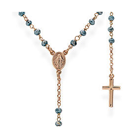 Collier Amen rosé crucifix pape François Vierge Miraculeuse grains bleu métallisé