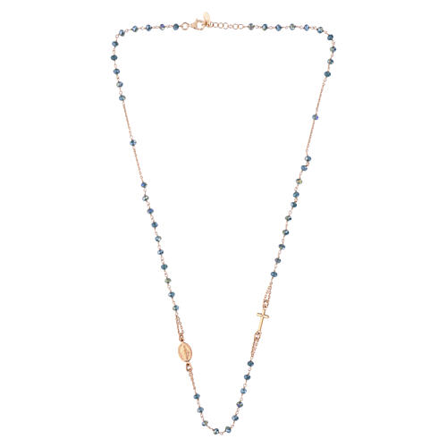 Colar prata rosada cristais azul-claro cruz e medalha Papa Francisco e Nossa Senhora das Graças linha AMEN 3