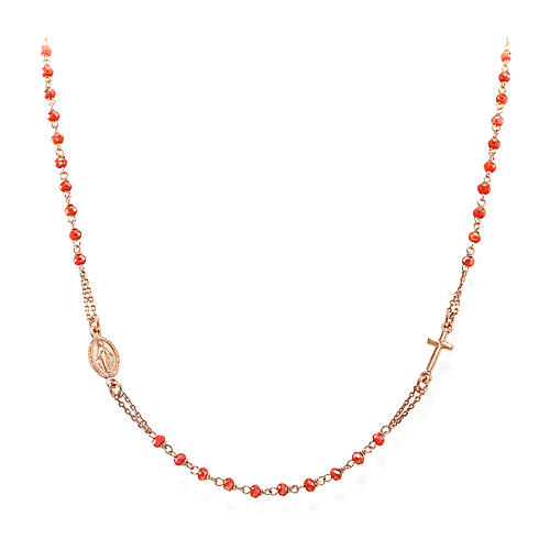 Amen necklace with peach crystal beads, cross and Miraculous Medal, 925 silver in copper finish 1