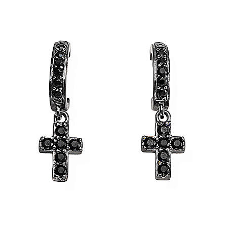 Pendientes colgantes Amen plata oscura anzuelo y cruz zircones negros 1