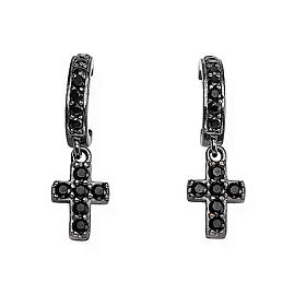 Amen dangle cross earrings in dark silver with black zircon half loop and cross