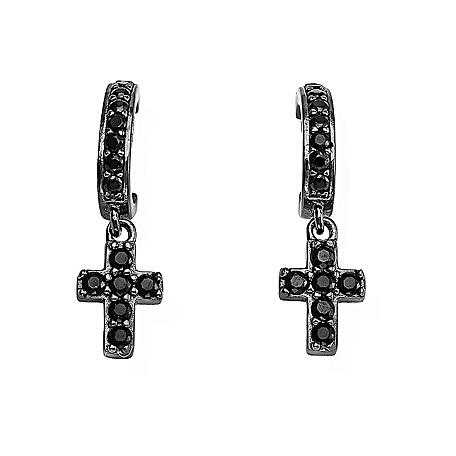 Amen dangle cross earrings in dark silver with black zircon half loop and cross 1