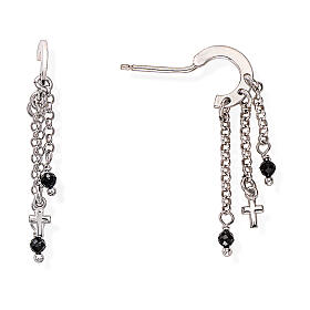 Amen huggie earrings with cross and black bead pendants