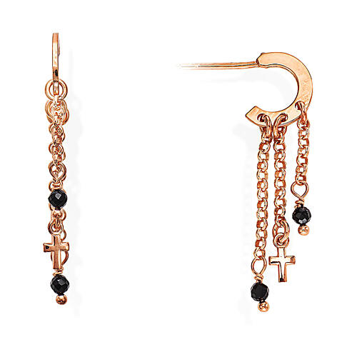 Amen huggie earrings with cross and black bead pendants, 925 silver in copper finish 1