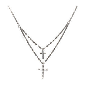 Doppelkette mit Kreuz-Anhängern, AMEN, 925er Silber, weiße Zirkone
